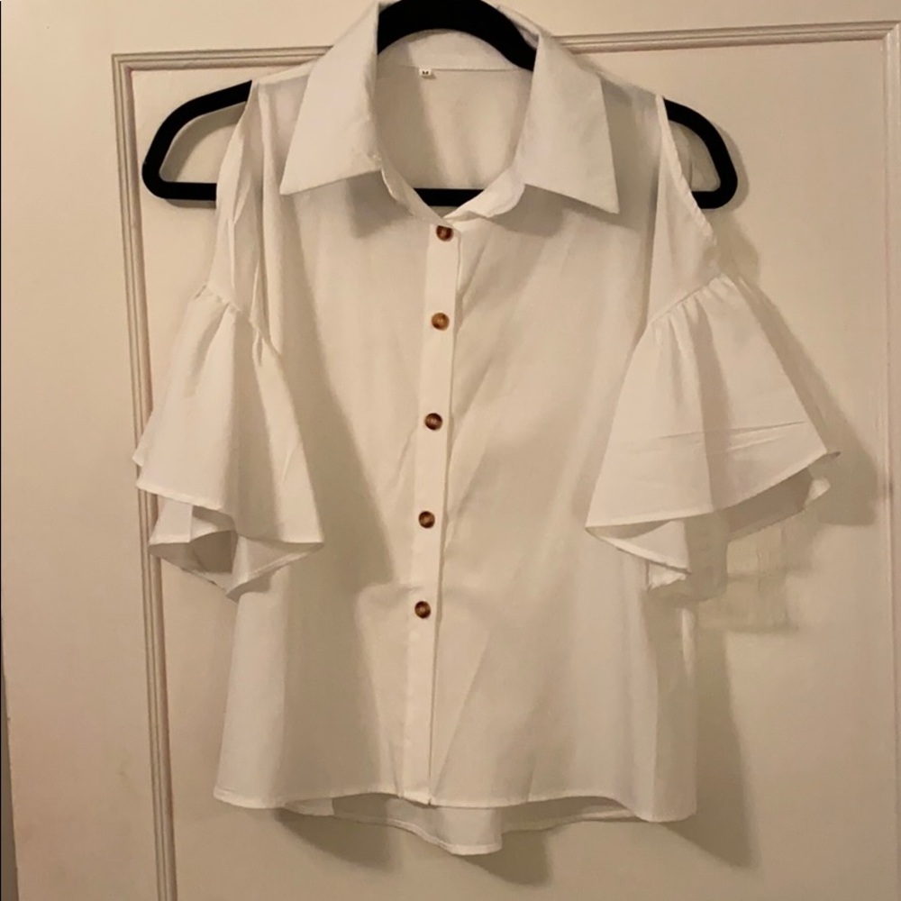 White button down blouse w/ cut out shoulders